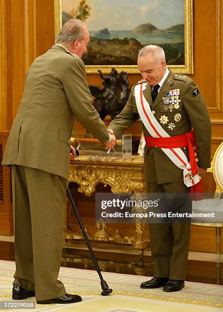 King Juan Carlos of Spain attends several military audiences at Zarzuela Palace on July 2, 2013 in Madrid, Spain. For the first time in months, the...