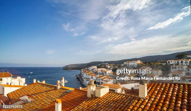 high angle view of townscape by sea against sky, girona, spain - fishing villages fotografías e imágenes de stock