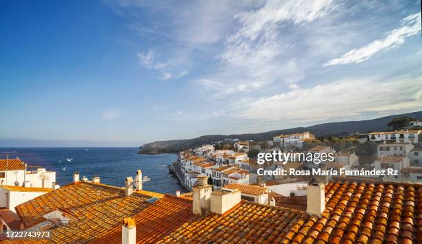 high angle view of townscape by sea against sky, girona, spain - city country stock pictures, royalty-free photos & images