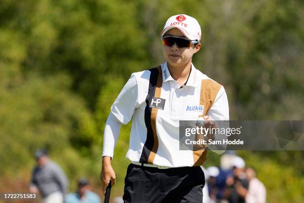 Hyo Joo Kim of South Korea reacts to her birdie on the eighth green during the third round of The Ascendant LPGA benefiting Volunteers of America at...