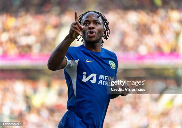 Raheem Sterling of Chelsea celebrates scoring the third goal during the Premier League match between Burnley FC and Chelsea FC at Turf Moor on...