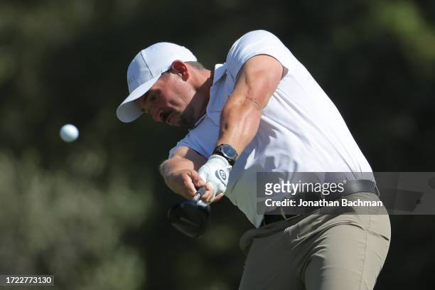 Scott Stallings of the United States plays his shot from the fifth tee during the third round of the Sanderson Farms Championship at The Country Club...