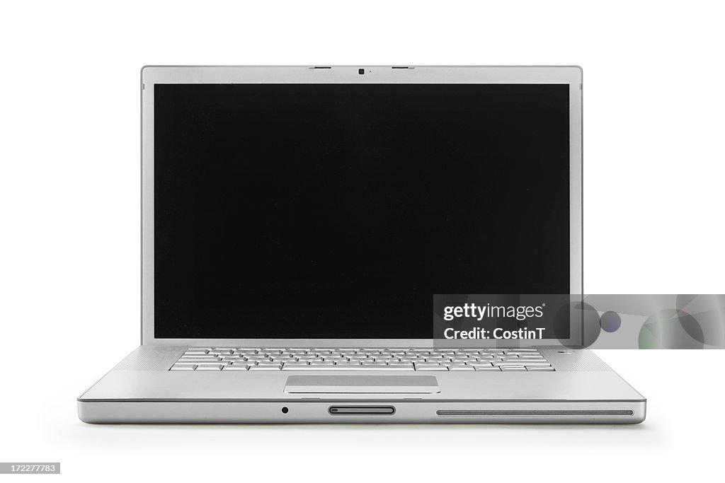 A opened laptop with a blank screen on a white background