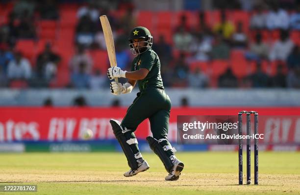 Saud Shakeel of Pakistan bats during the ICC Men's Cricket World Cup India 2023 between Pakistan and Netherlands at Rajiv Gandhi International...