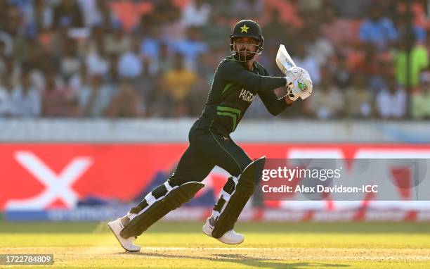 Shadab Khan of Pakistan bats during the ICC Men's Cricket World Cup India 2023 between Pakistan and Netherlands at Rajiv Gandhi International Stadium...