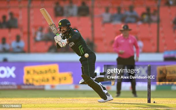 Shadab Khan of Pakistan bat during the ICC Men's Cricket World Cup India 2023 between Pakistan and Netherlands at Rajiv Gandhi International Stadium...