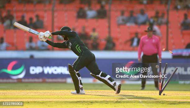 Shadab Khan of Pakistan is bowled by Bas de Leede during the ICC Men's Cricket World Cup India 2023 between Pakistan and Netherlands at Rajiv Gandhi...
