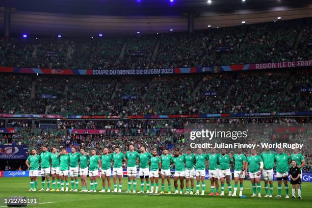 General view of the inside of the stadium as players of Ireland line up during the National Anthems prior to the Rugby World Cup France 2023 match...