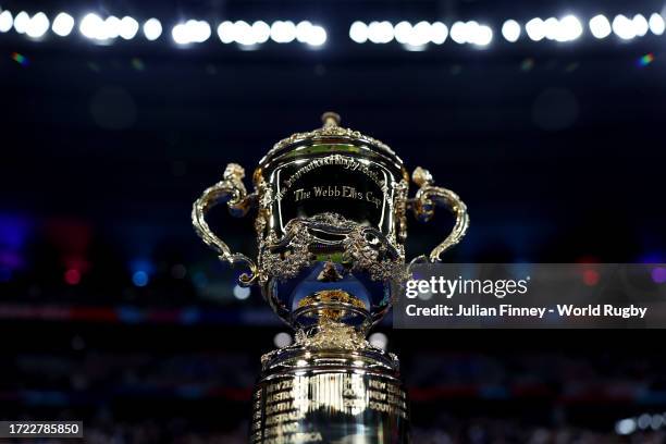 Detailed view of The Webb Ellis Cup prior to the Rugby World Cup France 2023 match between Ireland and Scotland at Stade de France on October 07,...