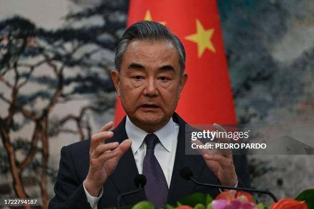 China's Foreign Minister Wang Yi attends the EU-China High-Level Strategic Dialogue at the Diaoyutai State Guest House in Beijing on October 13, 2023.