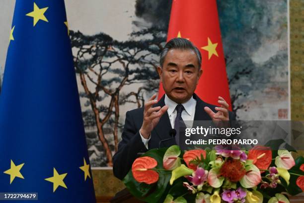 China's Foreign Minister Wang Yi attends the EU-China High-Level Strategic Dialogue at the Diaoyutai State Guest House in Beijing on October 13, 2023.