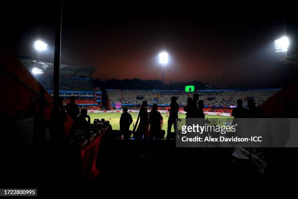 Fans watch on from the stands during the ICC Men's Cricket World Cup India 2023 between Pakistan and Netherlands at Rajiv Gandhi International...