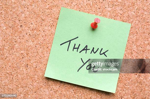 green thank you post-it on cork - sticky note push pin stock pictures, royalty-free photos & images