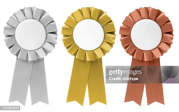 three ribbon awards in silver, gold, and bronze - bronze medal stockfoto's en -beelden