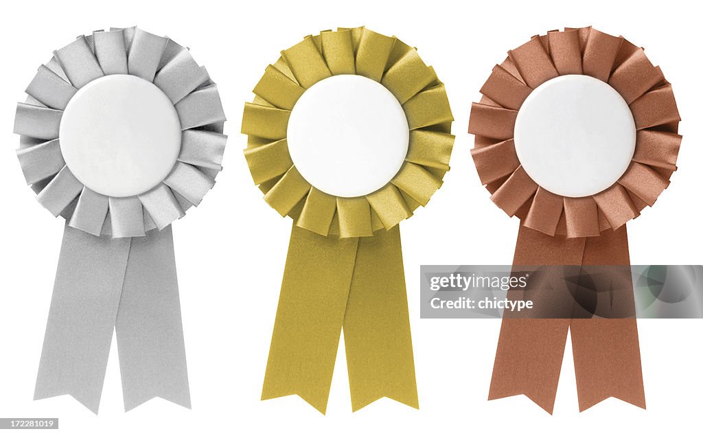 Three ribbon awards in silver, gold, and bronze