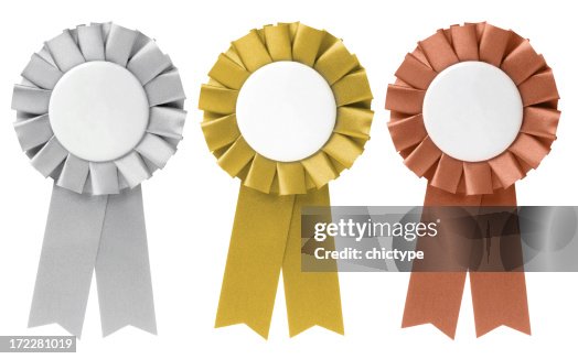 Three ribbon awards in silver, gold, and bronze Three ribbon awards in silver, gold, and bronze