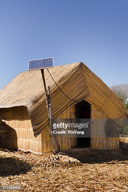 solar panel on rural house for power, lake titicaca, peru - zonne eiland stockfoto's en -beelden