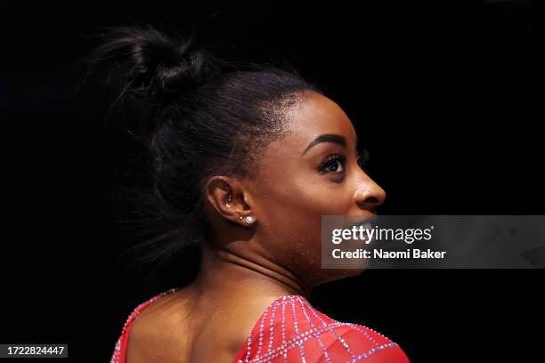 Simone Biles of Team United States looks on after she competes during the Women's Uneven Bars Final during Day Eight of the 2023 Artistic Gymnastics...