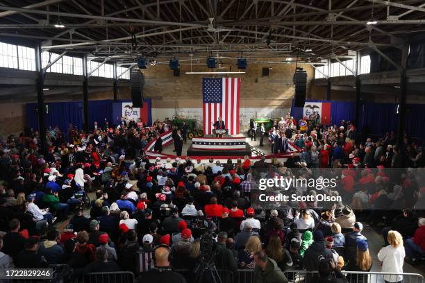 Republican presidential candidate former President Donald Trump speaks to guests during a rally on October 07, 2023 in Waterloo, Iowa. The rally is...