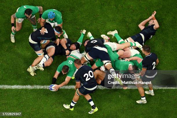 Iain Henderson of Ireland scores his team's third try during the Rugby World Cup France 2023 match between Ireland and Scotland at Stade de France on...