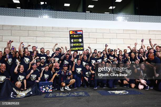 World Drivers Champion Max Verstappen of the Netherlands and Oracle Red Bull Racing celebrates with his team after the Sprint ahead of the F1 Grand...