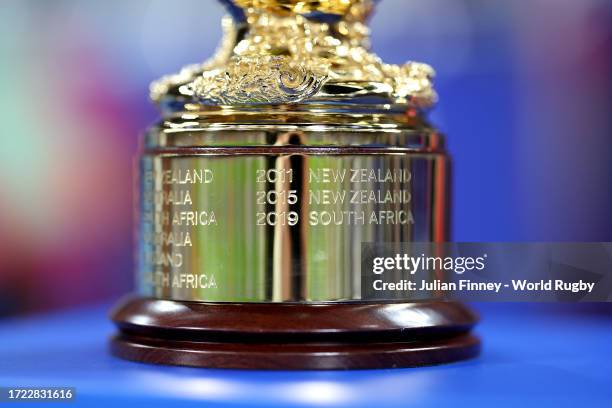 Detailed view of The Webb Ellis Cup , and the engravings of " 2011 New Zealand, 2015 New Zealand, 2019 South Africa", during the Rugby World Cup...