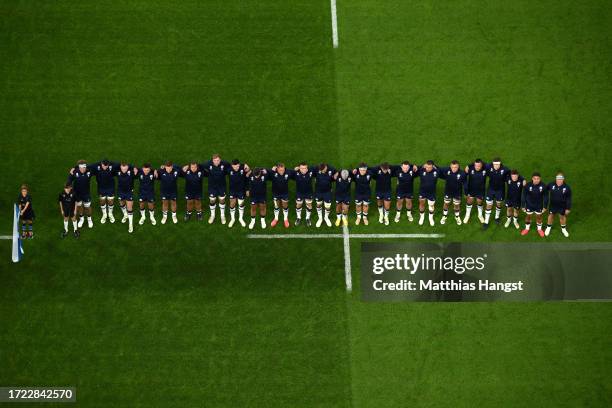 General view as players of Scotland line up during the National Anthems prior to the Rugby World Cup France 2023 match between Ireland and Scotland...