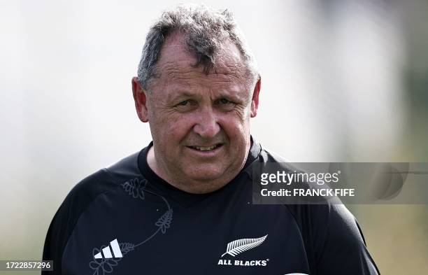 New Zealand's head coach Ian Foster looks on during a training session at French National Institute of Sport, Expertise and Performance , in Paris,...