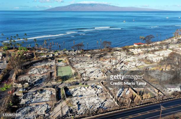 In an aerial view, burned structures are seen in a neighborhood that was destroyed by a wildfire on October 07, 2023 in Lahaina, Hawaii. The...