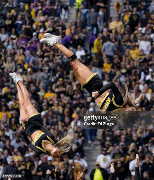 Missouri Tigers cheerleaders perform during a game against the LSU Tigers in the second half at Faurot Field/Memorial Stadium on October 07, 2023 in...