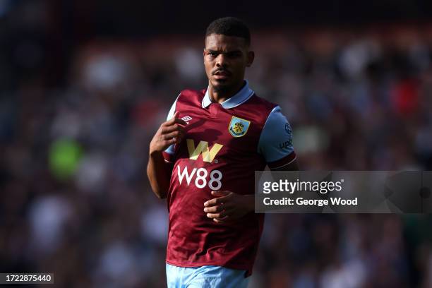 Lyle Foster of Burnley looks on during the Premier League match between Burnley FC and Chelsea FC at Turf Moor on October 07, 2023 in Burnley,...