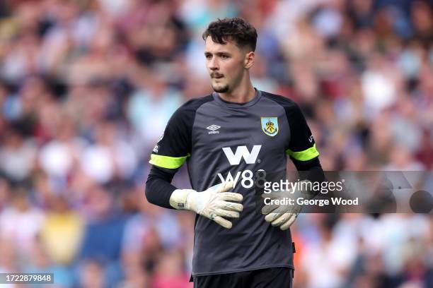 James Trafford of Burnley looks on during the Premier League match between Burnley FC and Chelsea FC at Turf Moor on October 07, 2023 in Burnley,...