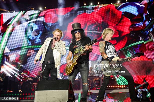 Axl Rose, Slash, and Duff McKagan of Guns N' Roses perform onstage during the Power Trip music festival at Empire Polo Club on October 06, 2023 in...