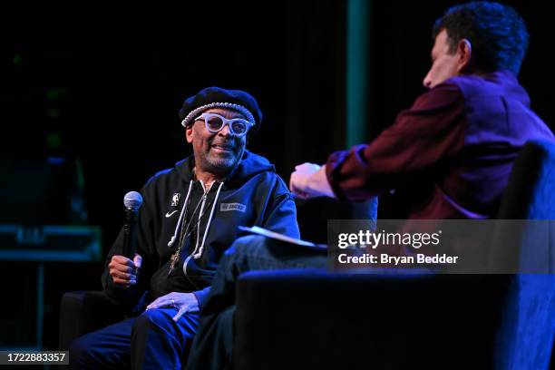Spike Lee talks with David Remnick during The 2023 New Yorker Festival at Webster Hall on October 07, 2023 in New York City.