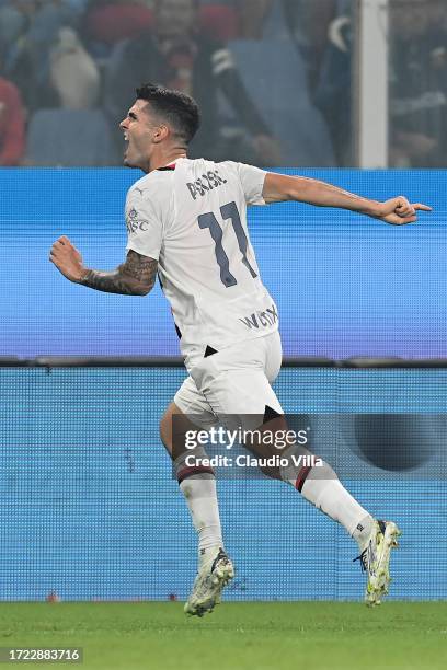 Christian Pulisic of AC Milan celebrates after scoring the team's first goal during the Serie A TIM match between Genoa CFC and AC Milan at Stadio...