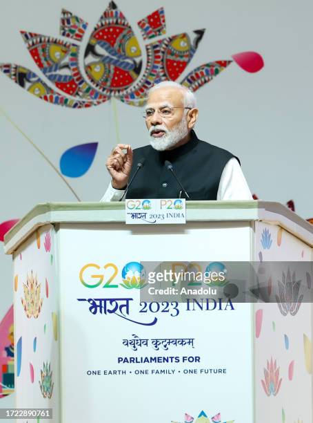 Indian Prime Minister Narendra Modi speaks during the 9th G20 Parliament Speakers Summit at Yashobhoomi India International Conference and Exhibition...
