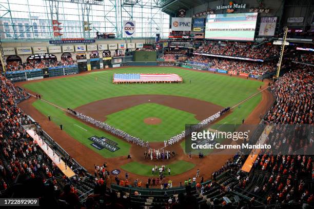 General view during the national anthem prior to Game One of the Division Series between the Houston Astros and the Minnesota Twins at Minute Maid...