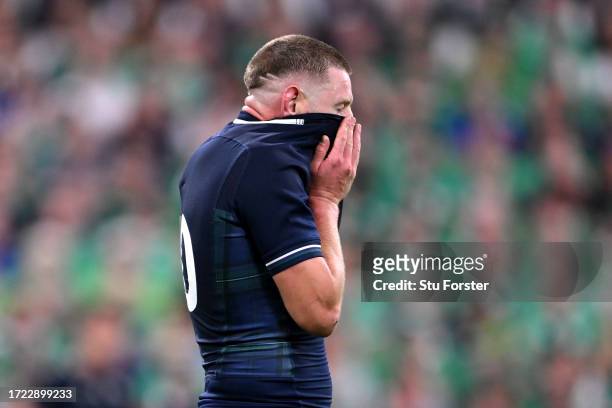 Finn Russell of Scotland looks dejected during the Rugby World Cup France 2023 match between Ireland and Scotland at Stade de France on October 07,...