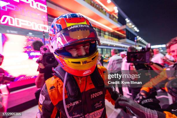 Oscar Piastri of Australia and McLaren F1 team in parc ferme following his first F1 race win in the sprint race ahead of the F1 Grand Prix of Qatar...