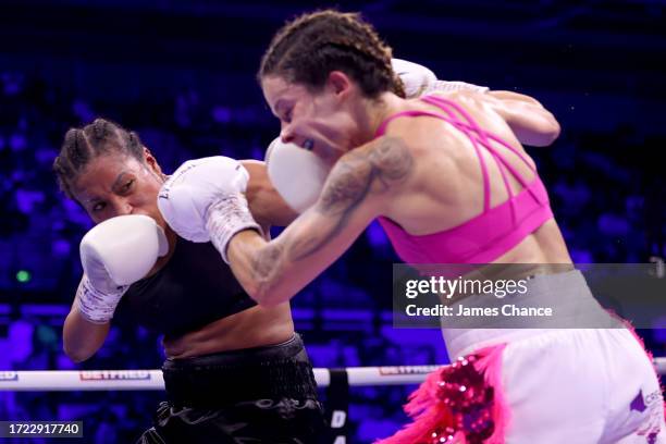 Cecilia Braekhus punches Terri Harper during the WBA and WBO World Super Welterweight Title fight between Terri Harper and Cecilia Braekhus at...