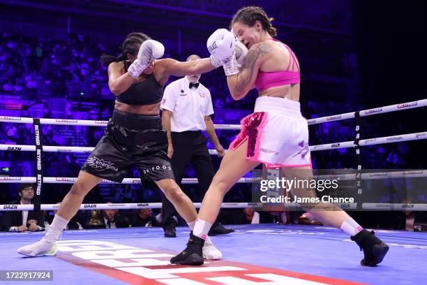 Cecilia Braekhus punches Terri Harper during the WBA and WBO World Super Welterweight Title fight between Terri Harper and Cecilia Braekhus at...