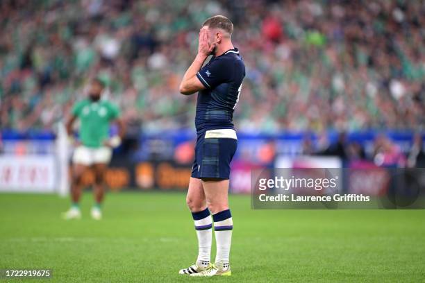 Finn Russell of Scotland looks dejected during the Rugby World Cup France 2023 match between Ireland and Scotland at Stade de France on October 07,...
