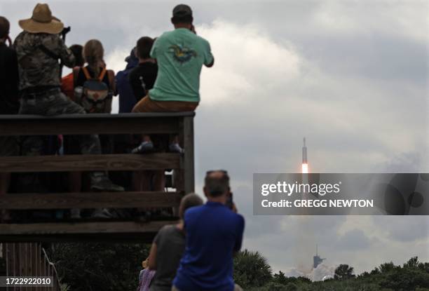 SpaceX Falcon Heavy rocket with the Psyche spacecraft launches from NASA's Kennedy Space Center in Cape Canaveral, Florida, on October 13, 2023. The...