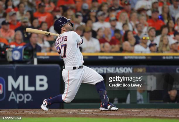 Jose Altuve of the Houston Astros hits a lead-off home run during the first inning of Game One of the Division Series against the Minnesota Twins at...