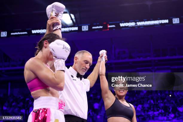 Terri Harper and Cecilia Braekhus react to a majority draw during the WBA and WBO World Super Welterweight Title fight between Terri Harper and...