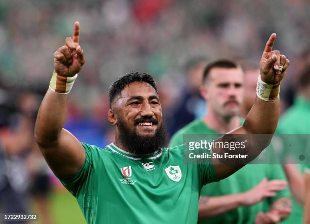 Bundee Aki of Ireland celebrates victory after the Rugby World Cup France 2023 match between Ireland and Scotland at Stade de France on October 07,...