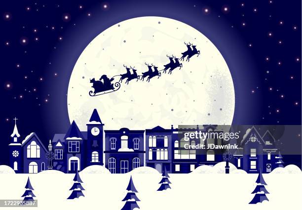 ilustraciones, imágenes clip art, dibujos animados e iconos de stock de trineo de papá noel con renos volando en el cielo nocturno de invierno con luna llena grande sobre la escena de los edificios de la ciudad con la nieve sobre el horizonte de invierno - reno city