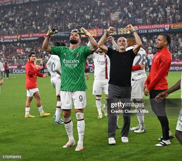 Olivier Giroud of AC Milan celebrates the victory with his team-mates playing as goalkeeper after Mike Maignan received a red card during the Serie A...