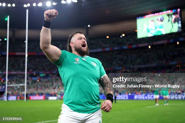 Andrew Porter of Ireland celebrates victory after the Rugby World Cup France 2023 match between Ireland and Scotland at Stade de France on October...
