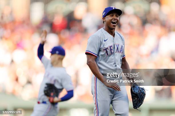 Jose Leclerc of the Texas Rangers reacts after the final out during the ninth inning of Game One of the American League Division Series against the...